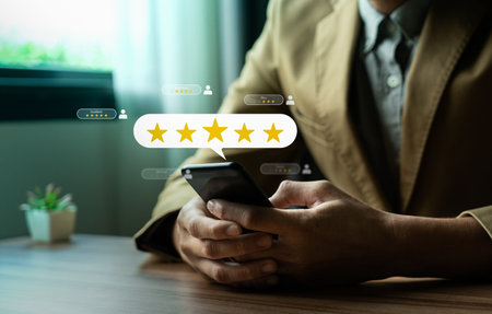 Customer review satisfaction feedback survey concept. Business people rate service experience and product quality or staff friendliness and overall value for the price. information, amend, improveの写真素材