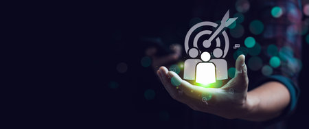 Businessmen search for target customers, Data exchanges customer connection, Digital marketing online, Human resource management. Target Business Segment, Customer Relationship Managementの写真素材