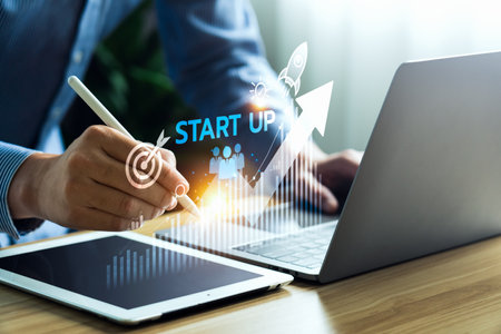 Global tech startup innovates to connect customers worldwide. Emphasizes creativity, resource management for sustainability. Clear leadership, digital marketing. Startup business conceptの写真素材