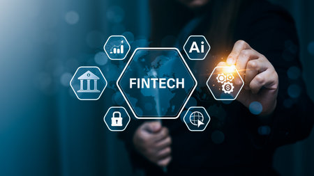 Fintech Technology, Integration of Financial Technology, Artificial Intelligence, and Modern Business Solutions in a Digital Era, internet payment, online shopping, financial technology concept.の写真素材