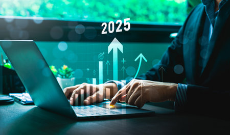 Businessman Analyzing 2025 Financial Growth Projections on Laptop with Digital Bar Graphs and Arrows...