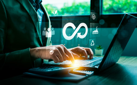 Businessman Working on Circular Economy Strategy with Digital Interface Showing Sustainability,...