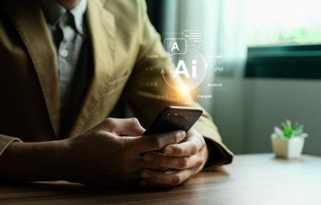 AI language translation assistant on smartphone, multilingual artificial intelligence system...