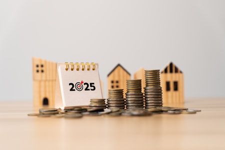 Real estate financial planning for 2025 with growing stacks of coins and miniature wooden houses,...