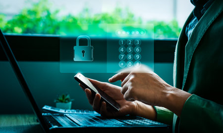 Cybersecurity and mobile data protection concept with person entering PIN code on smartphone, secure...