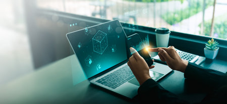 Blockchain technology innovation concept with digital cube network hologram, financial data on...