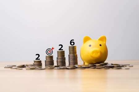 Yellow piggy bank with stacked coins and number 2026, symbolizing saving money, financial...