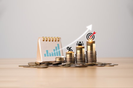 Investment growth strategy with stacked coins, financial chart, arrow up, business planning...
