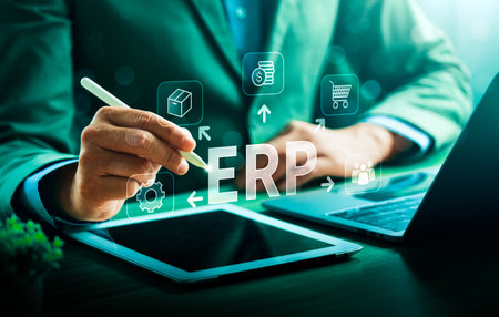 ERP enterprise resource planning software system integration with business management modules including finance, supply chain, sales, human resource, operation for digital transformation, efficiencyの写真素材