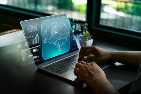 AI agent data tools for business analytics and intelligent automation, showing digital brain...