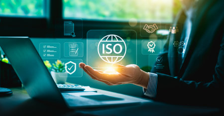 ISO certification and quality management concept with businessman hand holding international standard symbol, compliance, audit, assurance, safety, efficiency, trust, organization processの写真素材