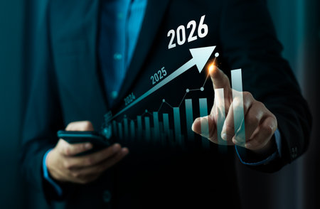 Business professional using smartphone and interacting with virtual financial growth chart, upward...