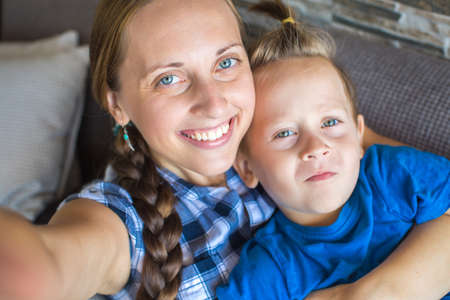 Mother And 4 year old Son Posing For Selfieの写真素材