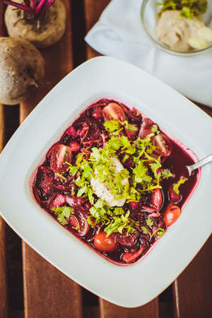 Raw red soup with beet in  the restaurant