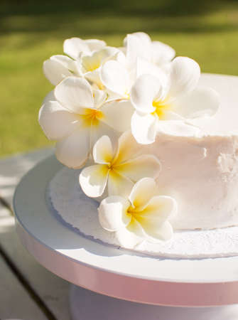 White Wedding Cake with frangipaniの写真素材