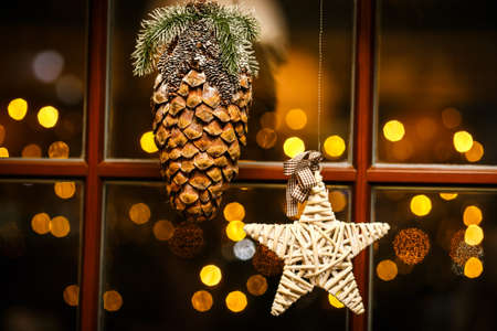 Window Decorated with Christmas toysの写真素材