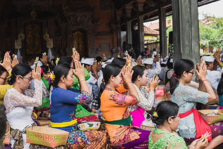 UBUD, BALI - MARCH 8: Unidentified people during performed Melasti Ritual before Balinese Day of...