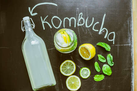 Top view on homemade Kombucha with fruits