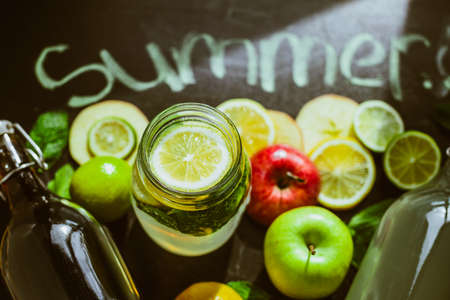 Top view on homemade  fruits Lemonadeの写真素材
