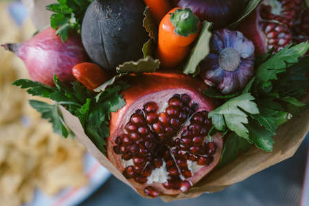 Fruits and Vegetables in the Form of a Bouquet Healthy Conceptの写真素材
