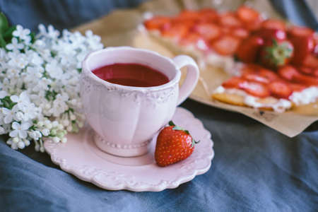 Strawberry Tart with Ricotta Filling with Teaの写真素材