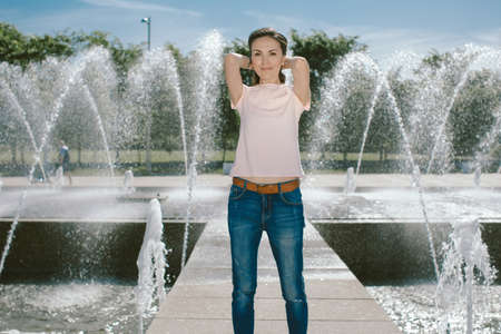 Lifestyle Portrait Pretty Woman Posing in the City Summer