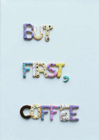 Phrase "But first coffee" written with sweet plastic lettersの写真素材