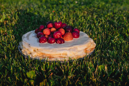 Cake with berries  stands on grass