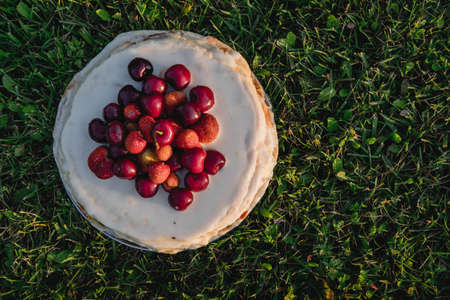 Cake with berries  stands on grass