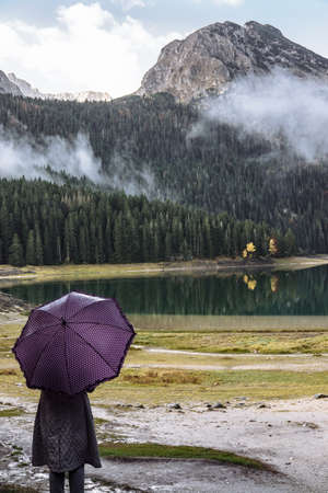 Young woman with a purple umbrella walks in autumn park