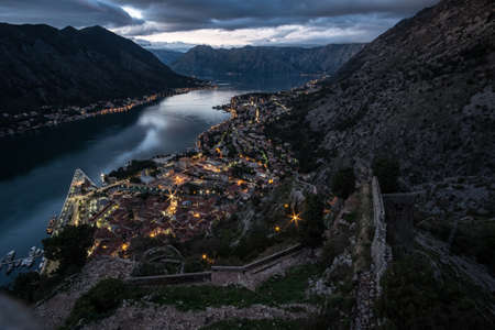 Evening View of Bay of Kotor old town from Lovcen mountain. の写真素材