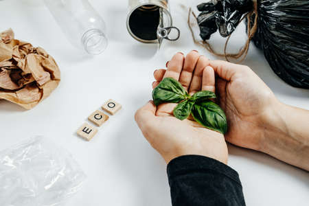 Waste management concept. Woman Hands With Green leaf and garbage on the White Background. Top Viewの写真素材