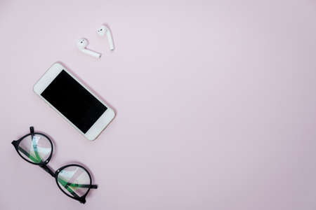 Phone and glasses. Business concept. Top view, flat layの写真素材