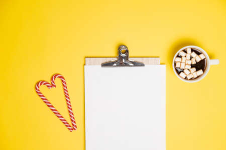 New Year Resolution 2018, hot cocoa with marshmallows on a yellow table. top viewの写真素材