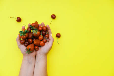 Female hands with strawberries and cherries on a yellow background. Top view, flat lay, copy spaceの写真素材