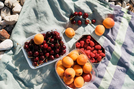 Summer composition with hat, berries and sunglasses on a pebbles beach near seaの写真素材