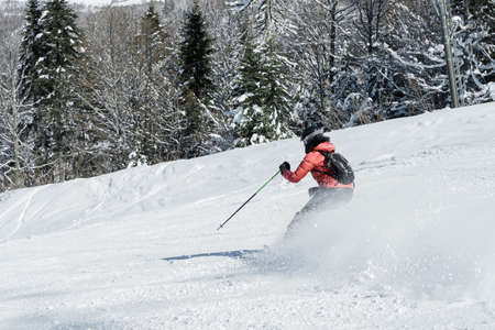 Skier skiing in fresh snow on ski in the mountains on a sunny winter day in Montenegroの写真素材