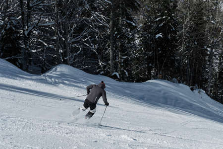 Skier skiing in fresh snow on ski in the mountains on a sunny winter day in Montenegroの写真素材