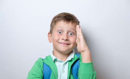 Portrait of a cute schoolboy with blue backpack raise a hand
 on a white backgroundの写真素材