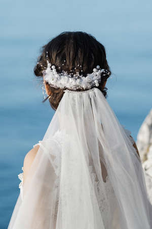 Back view of a young beautiful bride t at the beach and looking to the horizon.の写真素材