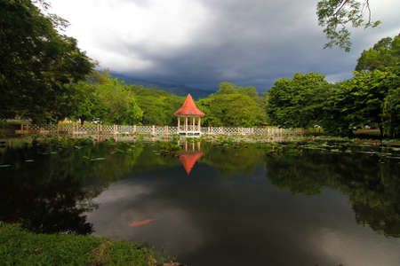 Small shelter in the middle of a lakeの写真素材