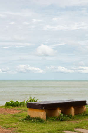 sky sea and benchの写真素材