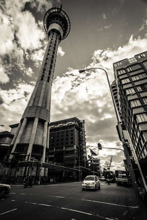 Victoria street   Federal street traffic lights, sky tower rising high in Auckland CBD Photography in Black   White のeditorial素材