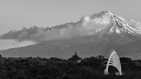 Black and white landscape shot of the bridge with Tongariro mountain in the background. Birds flying away.の写真素材