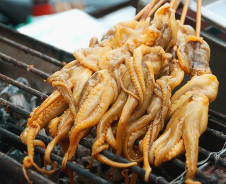 Thai style squid barbecue raw skewer set on hot charcoal stoveの写真素材