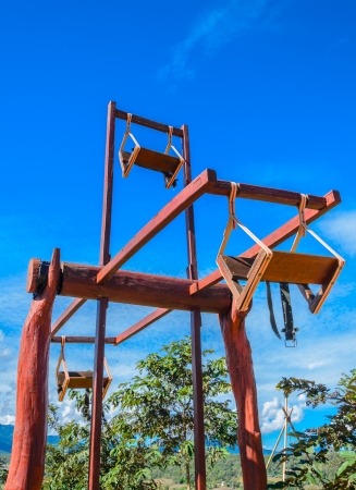 Chinese swing wood at little Chinese huts near the northern mountain town of Pai ,Thailandの写真素材