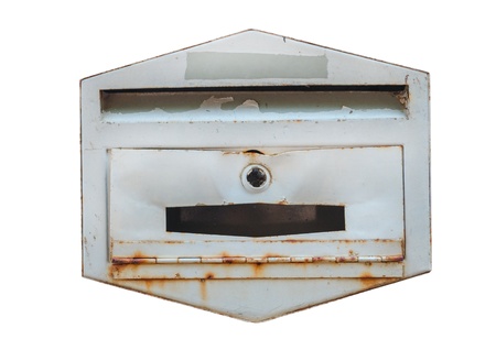 old rusty dirty broken mailbox isolated white backgroundの写真素材
