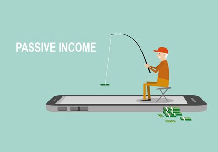 flat design of an old man fishing dollar banknote on smartphone screen.passive income investment conceptのイラスト素材
