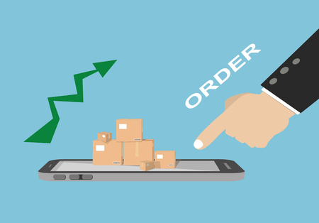 human hand pointing finger to order products package boxes from a smartphone screenのイラスト素材