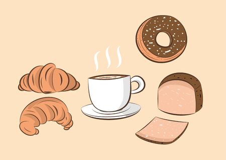 illustration of coffee  with donut; bread and croissantのイラスト素材